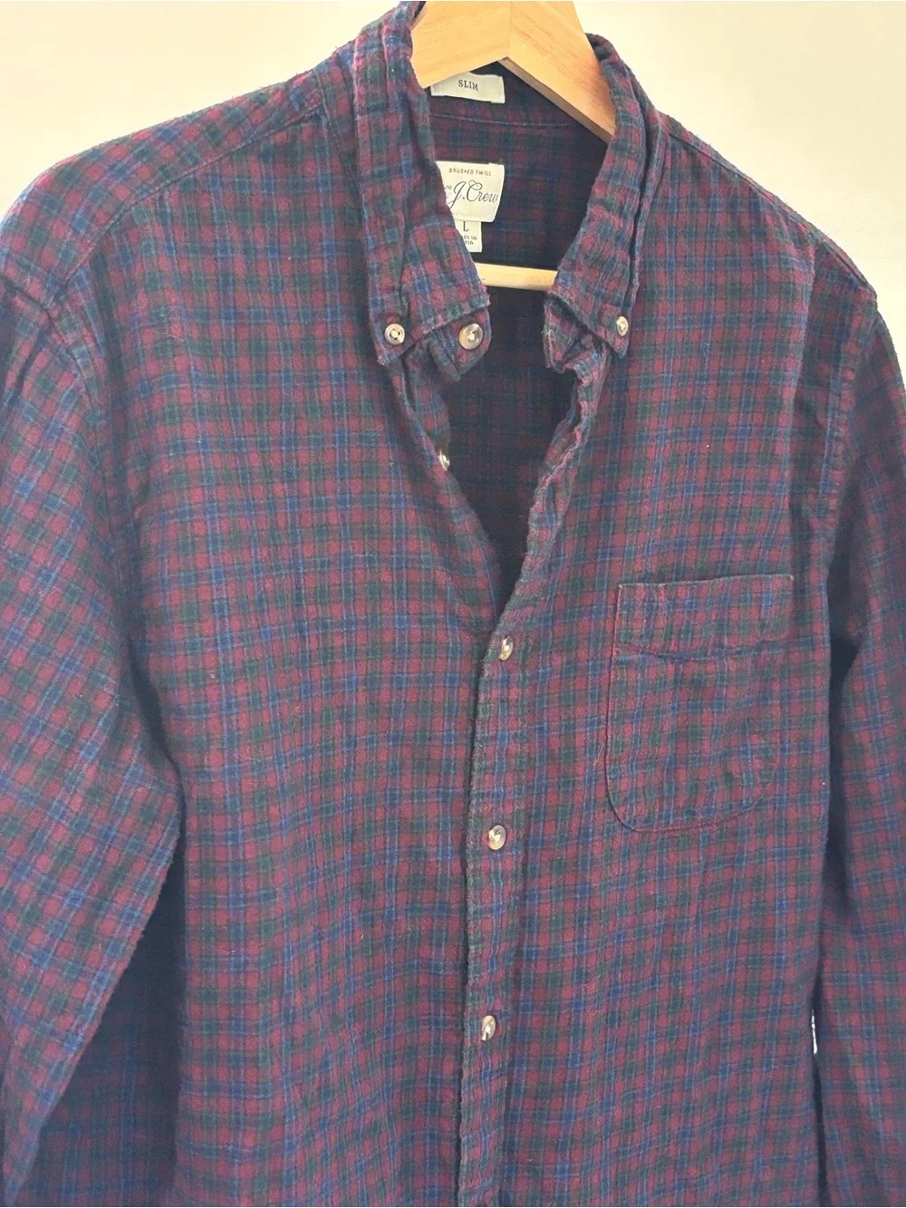 J. Crew Men’s Navy & Burgundy Plaid Cotton Button-Down Shirt | 100% cotton | L